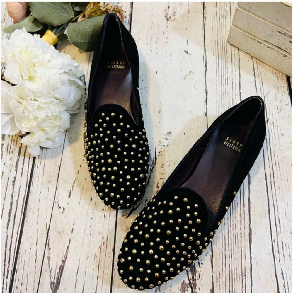 stuart weitzman studded smoking style suede slip on loafers